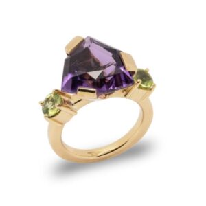 Handgefertigter Gelbgoldring mit Amethyst und Peridot