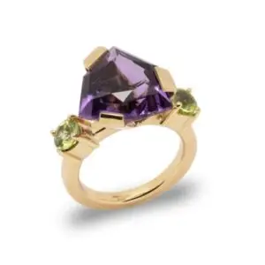 Handgefertigter Gelbgoldring mit Amethyst und Peridot