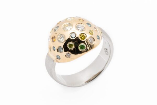 Ring mit bunten Diamanten aus Platin und Gelbgold